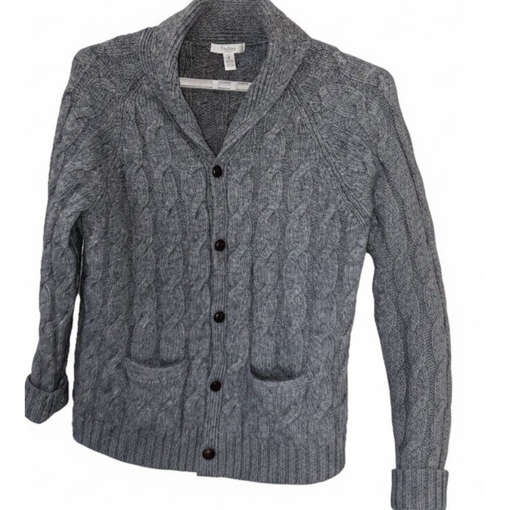 Turnbury Merino Wool Cable Knit Sweater Gray Cardigan Mens L Wood Buttons Grampa - Picture 12 of 12